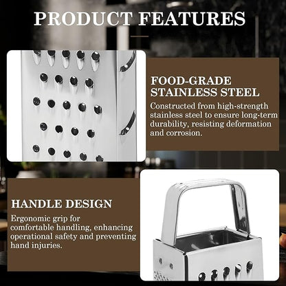 Stainless Steel Vegetable Grater, 4-Sided Portable Metal Grater, Cheese Grater with Handle for Kitchen (8inch)