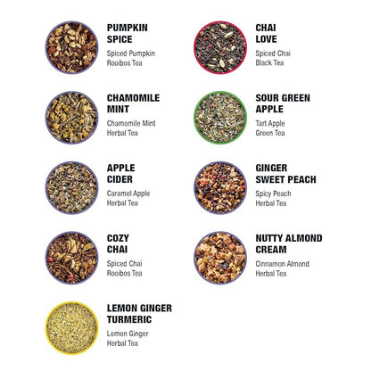 Tiesta Tea Fall Medley Dry Flight Set Sampler Set - Loose Leaf Tea, No Caffeine, Perfect Hot or Iced, Assorted Brew Set With Herbal, Black, Chai, Fruit Blends, & More - 9 Resealable Pouches