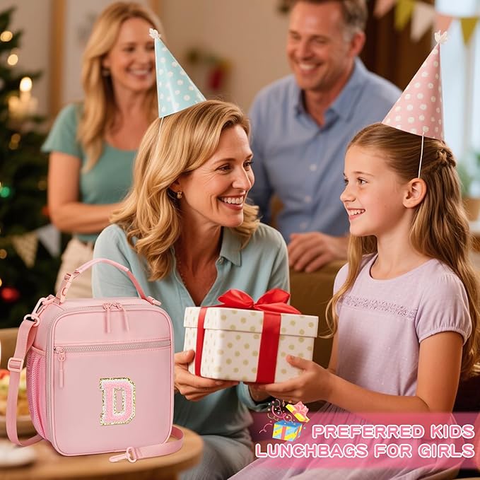 Initial Insulated Lunch Bag for Girls Kids, Back to School Gift, Reusable Leak-proof Lunch Box with Adjustable Strap for School Daycare Travel Picnic (Pink,D)