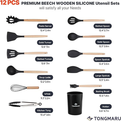 Silicone Cooking Utensils Set, Premium Beech Wood Handle Kitchen Gadgets Utensil Set, Non-Stick Kitchen Utensils Spatula, Tongs, Turner, Whisk, Brush, Spoon, BPA FREE, 446°F Resistant (Black)
