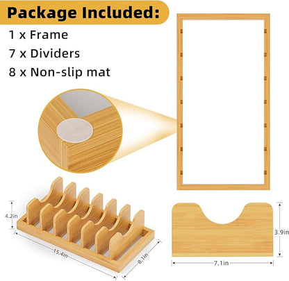 Bamboo Pot Lid Organizer Pot Lid Holder, Pot and Pan Organizer Drawer Organizer for Pot Lids, Pans, Cutting Boards & Baking Sheets, Dinner Plates, Reusable Containers in Cabinet Storage