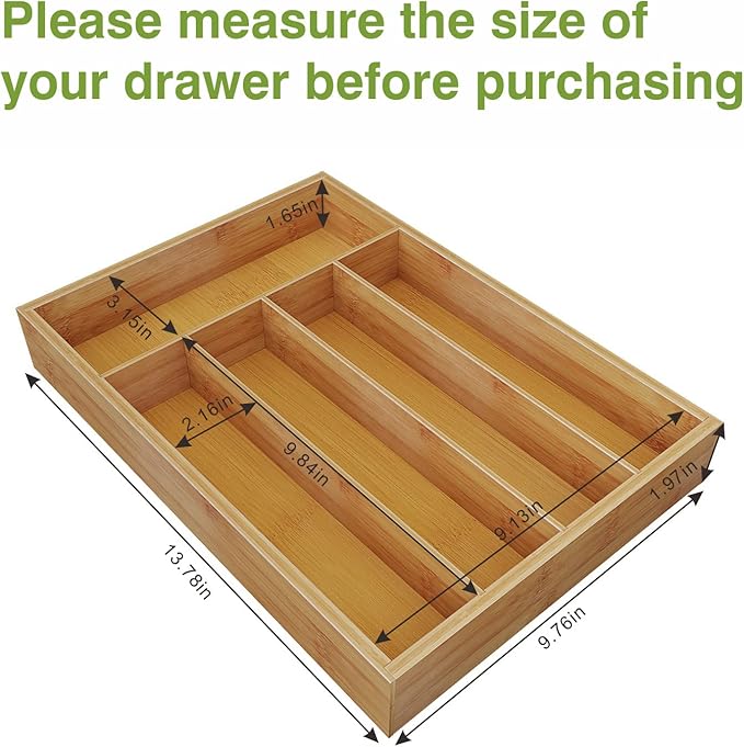 BAMEOS Utensil Drawer Organizer, Cutlery Tray Desk, Silverware Holder Kitchen Knives Tray, 100% Pure Bamboo Cutlery in Natural Color (9.75)