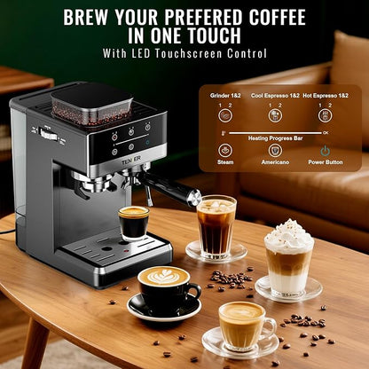 TENKER Espresso Machine with Grinder, 20 Bar Coffee Machine with Milk Frother for Home, All-in-One Stainless Steel Coffee Maker to Make Latte, Cappuccino, Hot or Cold Brew Iced Coffee
