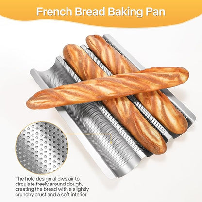 Baguette Pan, Baguette Bread Pan Perforated, Nonstick French Bread Baking Pan 3 Loaves with Proofing Cloth, Dough Cutter Kit for Home Baker, Baguette Tray 15x11 Inch Silver Bread Pan