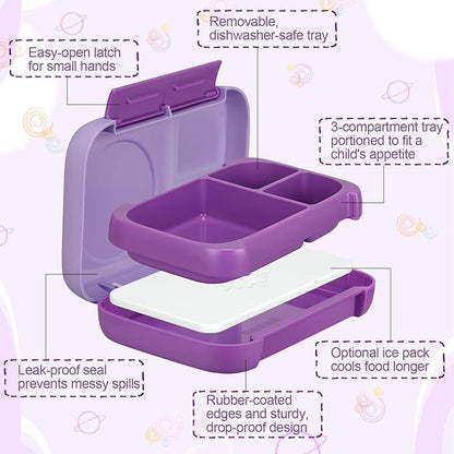 Bento Box for Kids,Kids Bento Lunch Box with Built-in Ice Pack for School,3 Compartments Leak Proof Lunch Container with Utensils for Girl Boy;BPA Free,Microwave & Dishwasher Safe, 44oz(Purple)