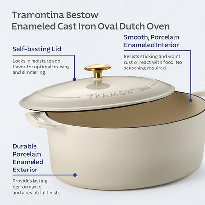 Tramontina Bestow Enameled Cast Iron Oval Dutch Oven Pot with Lid, Large 7-quart, Latte (Gold Knob)