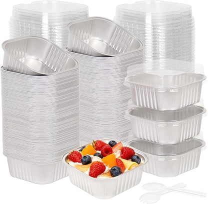 200 Pack 10 oz Silver Mini Aluminum Cake Pans with Lids and Spoons, Disposable Square Baking Cups, Oven Safe Foil Ramekins for Individual Desserts, Cupcakes, Cheesecakes Ramekins Muffin