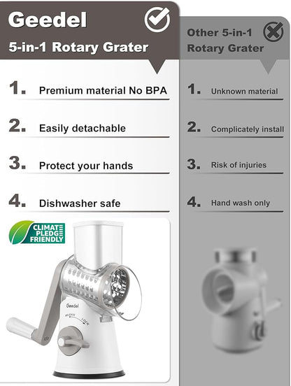 Geedel Rotary Cheese Grater Cheese Shredder with 5 Interchangeable Blades - Upgraded Rotary Grater Featuring Strong Suction Base for Cheese Shredding, Wavy Slicing, Nut Grinding, and Ice Shaving