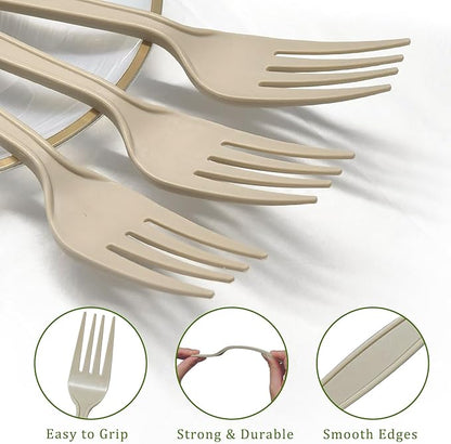 300 Count Compostable Forks, Light Brown Disposable Forks, Heavy Duty No Plastic Silverware, Compostable Utensils for Party, Eco Friendly & Heat Resistant