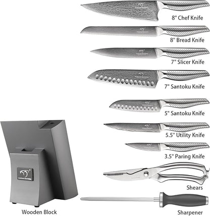 NANFANG BROTHERS® 10 Pieces Damascus Kitchen Knife Set, High Carbon Stainless Steel Damascus Steel Chef Knife Set, Stainless Steel Ergonomic Handle for Chef, with Built-in Sharpening Rod NF