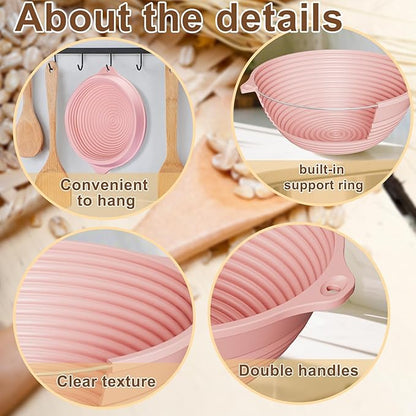2 Pcs Upgraded Silicone Sourdough Bread Proofing Basket with Handles - Reinforced Rim Support, 9 Inch Round Foldable Bowls for Sourdough Bread Baking, Oven & Dishwasher Safe-BPA Free (Green+Pink)