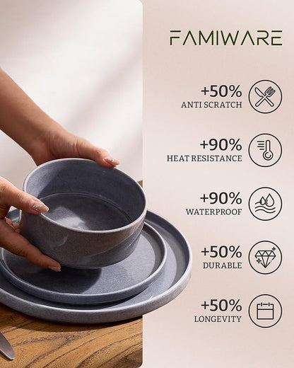 Famiware Annecy Plates and Bowls Sets, 12 Pieces Dinnerware Sets, Microwave and Dishwasher Safe Dishes Set for 4, Chip and Scratch Resistant, Misty-Blue