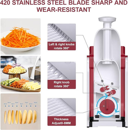 5 in 1 Safe Mandoline Slicer for Kitchen, Safe Vegetable Chopper with Paring Knife, Adjustable Thickness, Easy to Clean, Vegetable Slicer, Slicing, Strips, Shredding, Dicing, Chop (RoseRed)