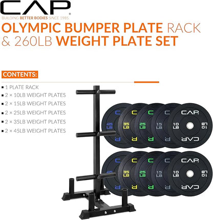 CAP Barbell 2-Inch Olympic Bumper Plate Weight Set with 6 Post Rack | 100-370 lbs | Multiple Options