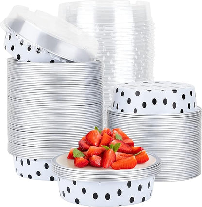 Beasea Mini Tart Pans with Lids 100 Pack, 4” 8oz Disposable Aluminum Baking Foil Tins Round Small White Black Dot Container for Individual Cupcake Dessert Muffin Ramekin Cheesecake Quiche Oven Dishes