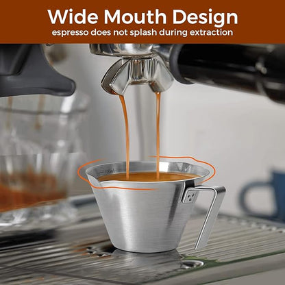 2Pcs Stainless Steel Espresso Cup, Double Spout Metal Espresso Measuring Cup with Handle, 3.4oz/100ml V-Shaped Mouth with Dual Scale (Silver+Black)