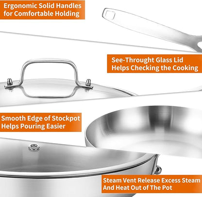 DELARLO Tri-Ply Stainless Steel 8 inch Frying Pan With Lid, Oven Safe Induction Skillet, Suitable for All Stoves Up to 600℉（Lids 300℉）