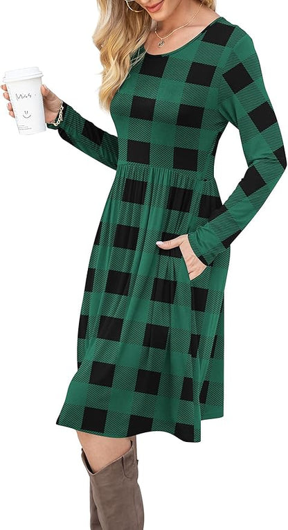 DB MOON Women Casual Long Sleeve Dresses Empire Waist Knee Length Loose Dress with Pockets