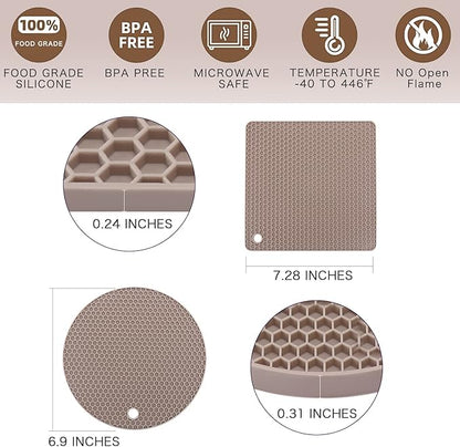 Silicone Trivets for Hot Dishes, 4 PCS Multipurpose Heat Resistant Mat Thick Silicone Hot Pads Pot Holders for Kitchen Counter, Flexible Jar Opener Food Grade Spoon Holder, Silicone Coasters (Almond)