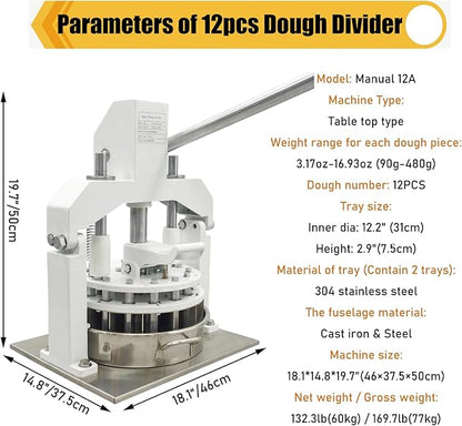 Table Top Dough Dividing Machine Manual Dough Divider 12PCS Dough Cutter Commercial Dough Dividing Machine Dough Baking Divider, 3.17oz-16.93oz, 12PCS