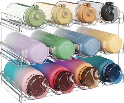 Lifewit Stackable Water Bottle Organizer for Cabinet, Plastic Bottle Holder Fits Bottles & Tumblers up to 3.8" Diameter, Pantry, Countertop & Fridge, 3 Tier Holds 12 Bottles