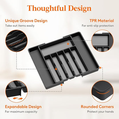Lifewit Silverware Drawer Organizer, Expandable Utensil Tray with Non-Slip TPR, Deep Flatware Cutlery Holder, Adjustable Plastic Kitchen Storage for Spoons Forks Knives, Large, Black and Gray