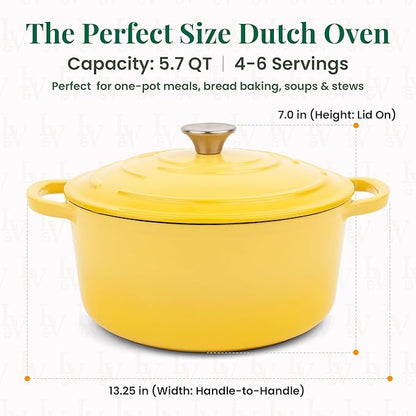 Larder & Vine Enameled Cast Iron 5.7qt Dutch Oven Pot with Lid | Bread Baking | Compatible on All Cooktops & Oven Safe to 500° F | Great for Sourdough Bread | Limoncello