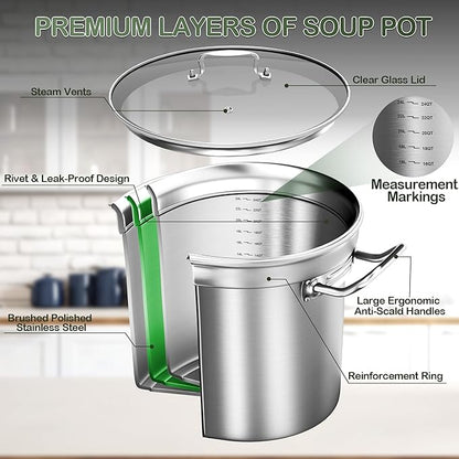 Stainless Steel Stock Pot-24QT Heavy Duty Induction Cooking Pot with Visible Lid,Big Stockpot, Deep Cookware Commercial Grade Stock Pot & Stockpots for Boiling Cooking Soup Stew Canning Cooking Pots