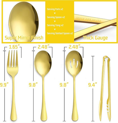 Large Gold Serving Utensils Set of 8, E-far Stainless Steel 9.8 Inch Serving Spoons Slotted Spoon, 9.9 Inch Forks, 9.4 Inch Tong for Buffet Catering, Mirror Finish & Dishwasher Safe