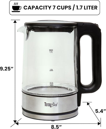 Total Chef Electric Glass Kettle 1.7L – Fast Boil, BPA-Free Borosilicate Glass, LED Light, Auto Shut-Off, Boil-Dry Protection, Cordless Water Boiler for Tea & Coffee, Kitchen Appliance