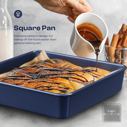 12-Piece Oven Safe Nonstick Bakeware Set with Baking Pan, Cake Pan, Muffin Pan, Loaf Pan, Square Pan, Roasting Pan, Cookie Pan, Cooling Rack & Utensils - Ceramic Coated Blue