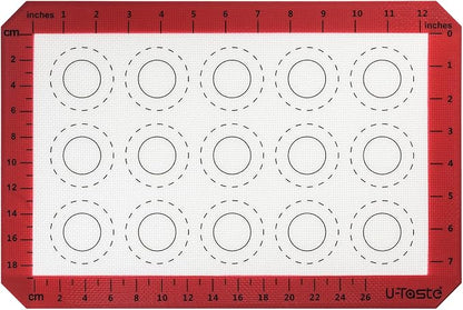 446ºF Heat Resistant Macaron Mat: U-Taste 14.17x9.44in Non Stick Silicone Baking Mat, Reusable Cookies Pastry Sheet Liner with Edge Enhancement & Circle Measurement for Cake Pan (Red)