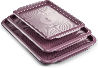 SYAINN Non-stick Ceramic Baking Sheet Set, 3 Pieces- Aluminum Steel Cookie Sheets for Baking-Includes Half/Quarter/Jelly Roll Pans-Warp Resistant, Toxic, PTFE & PFOA Free-Red