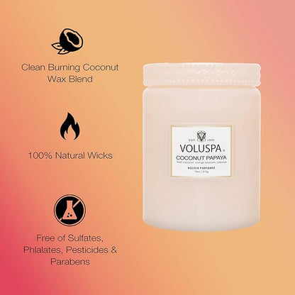 Voluspa Coconut Papaya, Large Candle Jar, 18 oz, 100 Hour Burn Time, Coconut Wax for Clean Burning, Handcrafted in The USA