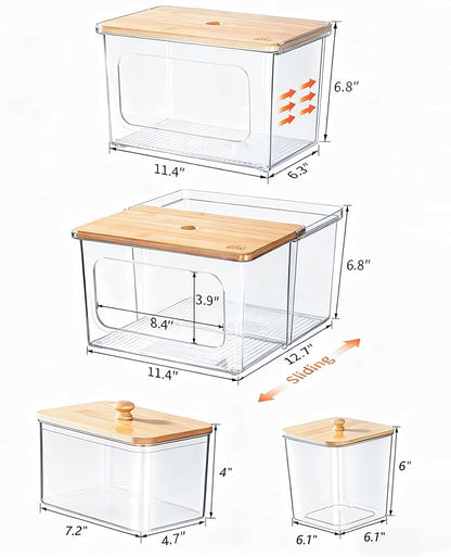 Trash Bag Dispenser Dryer Sheet Holder - 5 in 1 Plastic Garbage Bag Pantry Organizers and Storage, Clear Dishwasher Laundry Pods Container with Bamboo Lid, Under Sink Organizer Powder Detergent Jars