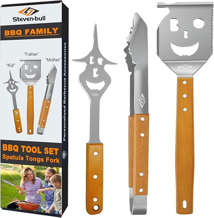 Heavy Duty BBQ Grill Tongs for Outdoor Grill，17 Inch Long Grill Tool, Metal Barbecue Utensil, Wooden Handle, Fun barbecue Tongs for Gas and Charcoal Grilling