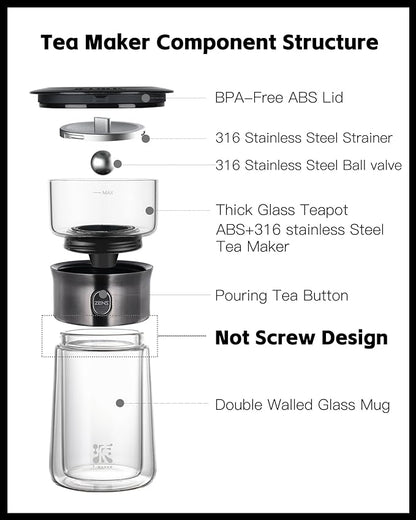 ZENS Modern Glass Tea Infuser Teapot, Smart One Touch Tea Maker for Loose Tea Diffusers with Insulated Mug and Portable Tea Kits, Cool Gongfu Tea Pot for Black Tea Lover Gifts