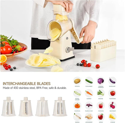 Xilrvna RotaryCheese Grater,VegetableShredder 5 in 1 Cheese Grater with HandleedderReinforcedSuction,EasytoClean,KitchenChopperforCrushedIce,Fruits and Nuts with Blade Storage Case（White
