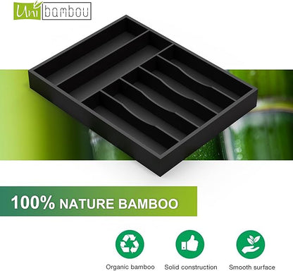 Sliverware Organizer, Bamboo Kitchen Drawer Organizer, Flatware Organizer Tray Holder for Sliverware, Utensil & Cutlery (7 Slots, Black)