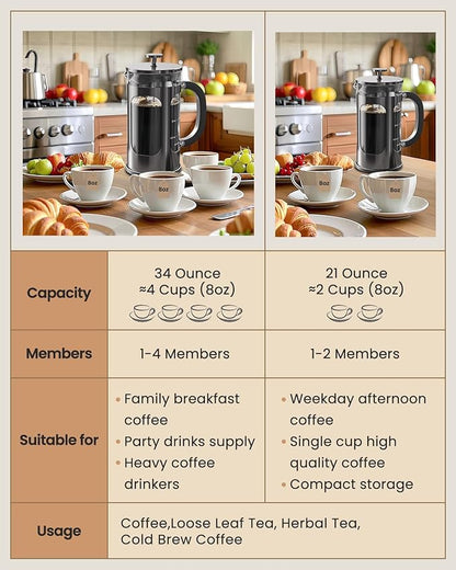 BAYKA French Press Coffee Maker, Large 304 Stainless Steel Coffee Press, Cold Brew Heat Resistant Thickened Borosilicate Coffee Pot for Camping Travel Gifts, 34 Ounce, Dark Pewter