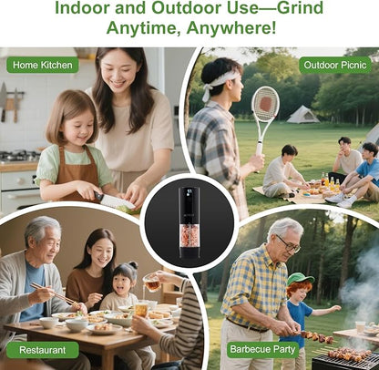 2Pack Electric Salt and Pepper Grinder Set with Power Display, USB Rechargeable Automatic Salt & Pepper Mills, Adjustable Coarseness, 120ml Larger Capacity with LED Light (Black Set)