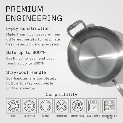 Made In Cookware - 5 Quart Stainless Steel Saucier Pan - 5 Ply Stainless Clad - Professional Cookware - Crafted in Italy - Induction Compatible