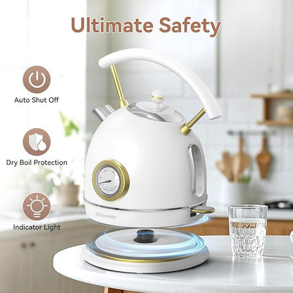 Rasonic Retro Electric Kettle Stainless Steel, 1.8L Tea Water Boiler, 1500W Fast Quiet Boil, Temperature Gauge, Auto Shut-Off, Boil-Dry Protection, White Champagne Gold