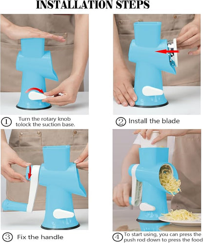 Cheese Grater MultiFunction Rotary Cheese Grater Hand Crank – Cheese Shredder Effortlessly Shred,Slice,Chop.Applicable to Cheese, Vegetables,Fruits,Nuts,Non-Slip Suction Base,Easy to Clean (blue)
