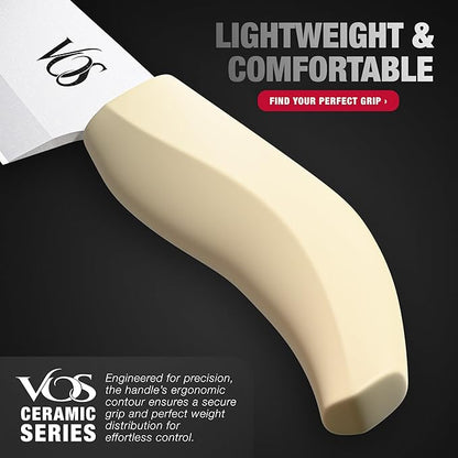 Vos Ceramic Knife Set in Elegant Gift Box, Ceramic Knives Set For Kitchen, Ultra Sharp Kitchen Knife Set & Covers, 3" 4" 5" 6" Paring, Santoku, utlity & Chef Knife, Scissors included (Off-White)