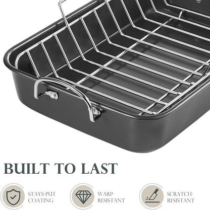 KITESSENSU Nonstick Roasting Pan with Rack 15 x 11 inch - Turkey Roaster Pan for Ovens - Wider Handles & Heavy Duty Construction, Gray