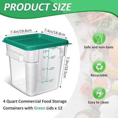 Yungyan 12 Pcs 4 Qt Commercial Food Storage Containers with Lids Restaurant Square Airtight Food Storage Containers Clear Cereal Containers for Kitchen Freezer Dishwasher Pantry(Green Lid)