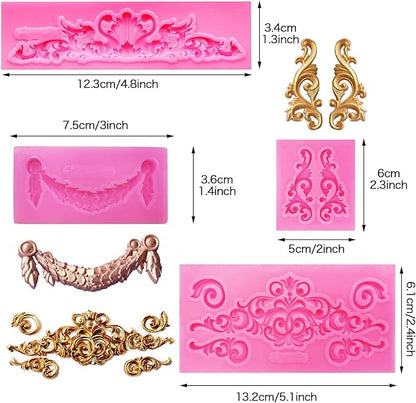 Rainmae 6 Pcs Baroque Style Curlicues Scroll Lace Fondant Silicone Mold, Relief Flower Lace Mould Filigree Mold 3D Sculpted Decoration, Cupcake Topper, Jewelry, Polymer Clay, Crafting Projects