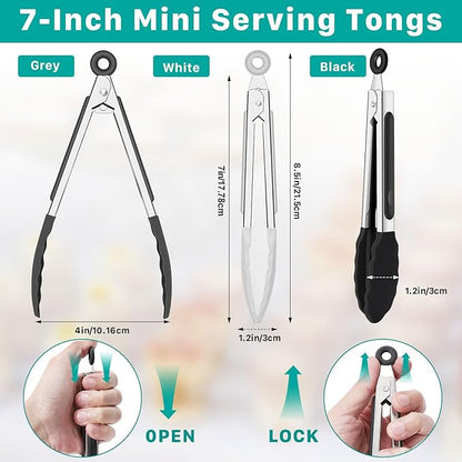 6 Pcs Small Silicone Tongs,7 Inch Mini Serving Tongs with Tips,Heat Resistant Cooking Tong,Stainless Steel Silicone Kitchen Tong for Salad Food Frying BBQ(Black,Gray,White)