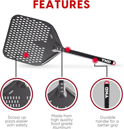 TKC Perforated Pizza Peel - 12" Metal Pizza Turner compatible with Ooni Ovens, Indoor & Outdoor Use, Durable and Heat-Resistant Handle, Lightweight Pizza Spatula (Black)